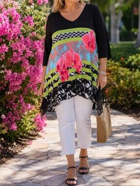 Peter Nygard Black Floral Tunic Top Pink Orchid Print Lime Accent V-Neck Boho